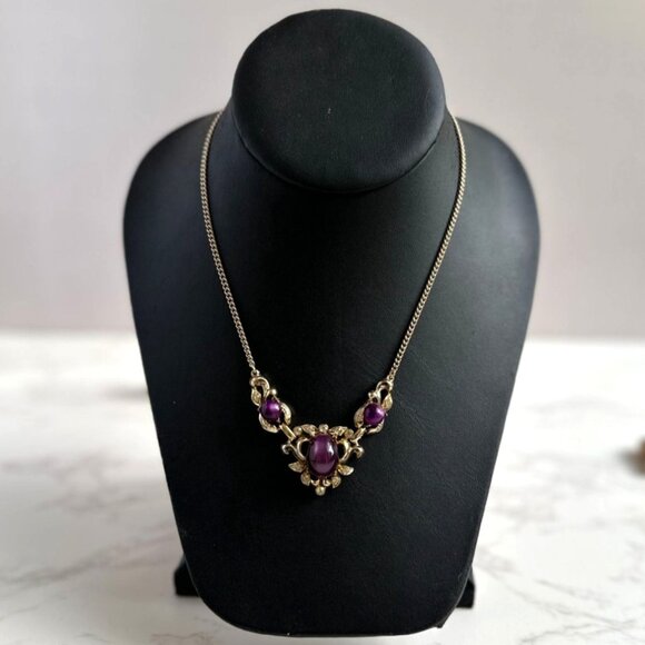 Vintage Coro Necklace, Purple Cabochon Statement Necklace, Mid Century Signed Je - Picture 1 of 8